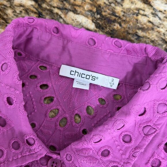 Chicos Cotton Fuschia Eyelet Billow-Sleeve Button Front Blouse Top Size 12 - Picture 6 of 9
